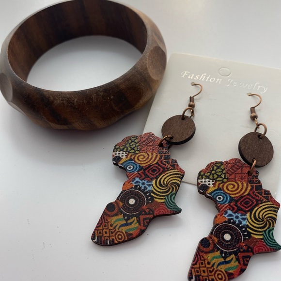 Fashion Jewelry Jewelry - 3pc Wooden Bangle 8” Multicolor African Map Earrings 3”pierced Hook Brown
